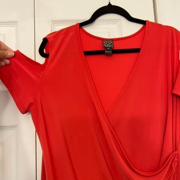 Clara Sunwoo Dress Cold Shoulder Faux Wrap V Neck Women's Red XL - Picture 2 of 9